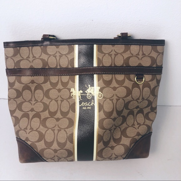 Coach Khaki Canvas Leather Handbag W est. Design - Picture 2 of 8